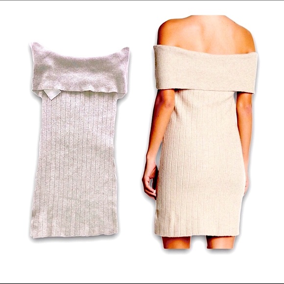 BB Dakota Camel Tan Off-Shoulder Popover Rib Knit Sweater Mini Dress XSmall - Picture 9 of 11